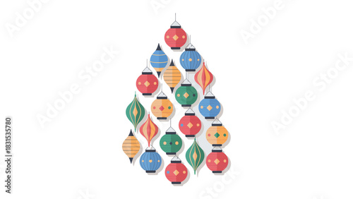 Festive Ornament Arrangement: An artful arrangement of colorful ornaments in a teardrop shape against a clean background, evoking the joy and traditions of the holiday season.