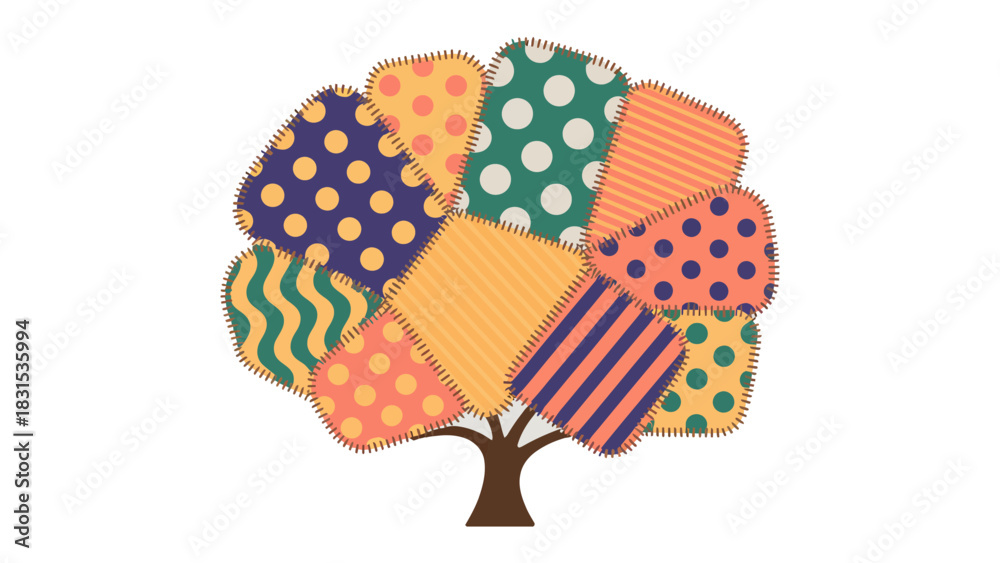 Obraz premium Quilt Tree in Art Style: A vibrant artwork showcasing a whimsical tree, its canopy meticulously crafted from colorful quilt pieces, each displaying unique patterns and textures. 