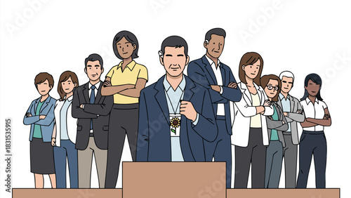 Vector Illustration of a diverse leadership team including neurodivergent individuals on a stage.