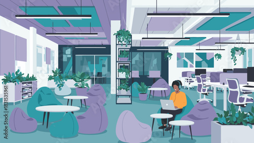 Vector Illustration of a sensory friendly office workspace with plants and acoustic panels for wellness.