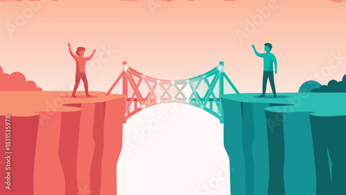 Vector Illustration of a geometric bridge connecting two people representing empathy and communication.