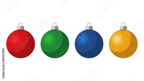 Set of Four Colorful Christmas Ornaments in Red, Green, Blue, and Yellow on a White Background