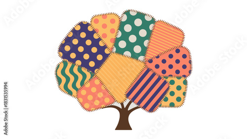 Quilt Tree in Art Style: A vibrant artwork showcasing a whimsical tree, its canopy meticulously crafted from colorful quilt pieces, each displaying unique patterns and textures. 