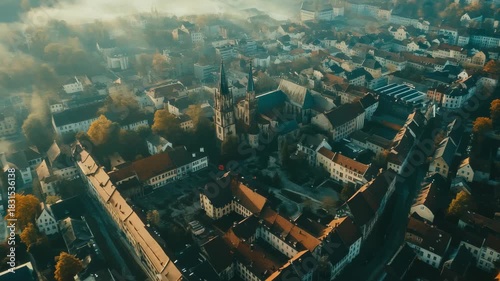 Exploring Augsburg Germany from above on a sunny day revealing stunning architecture and historic sites, Aerial view of the city Augsburg in Germany ona sunny morning in autumn