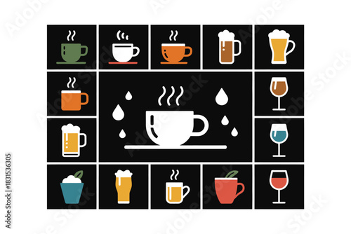 A collection of various hot and cold beverages is displayed in a grid.