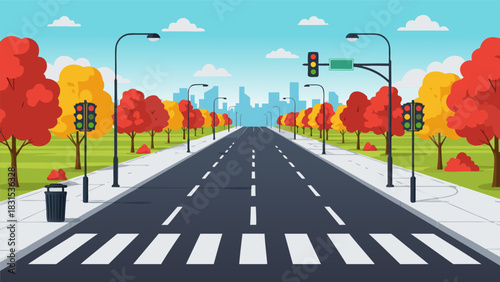 Straight street with pedestrian crossing, traffic lights and trees, in a cartoon style with a city skyline in the background