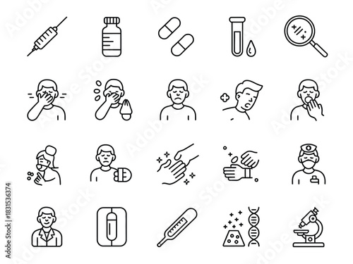 Collection of medical icons illustrating various health conditions and scientific research.