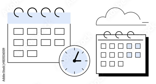 Spiral-bound calendars, clock emphasizing time, cloud element. Ideal for planning, organization, deadlines, productivity, project management lifestyle balance and task scheduling. Simple flat