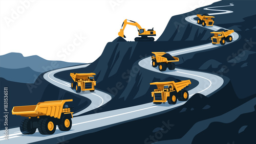 Large mining dump trucks and excavators actively working on a winding road in a vast open-pit quarry site, industrial heavy machinery at work