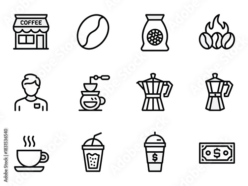 A collection of linear icons representing coffee shop elements and products.
