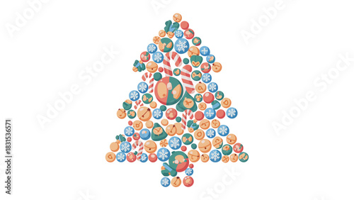 Christmas Tree Made of Ornaments: A festive illustration of a Christmas tree constructed from an array of colorful ornaments, embodying the joy and spirit of the holiday season.