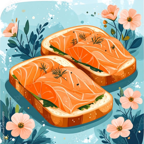 Two salmon toasts arranged with flowers and leaves on a blue background