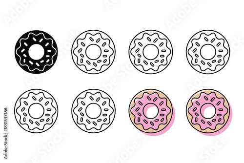 A collection of stylized donut illustrations in various colors and designs.