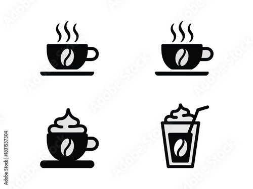 A collection of four coffee-themed icons featuring steaming cups and a blended drink.