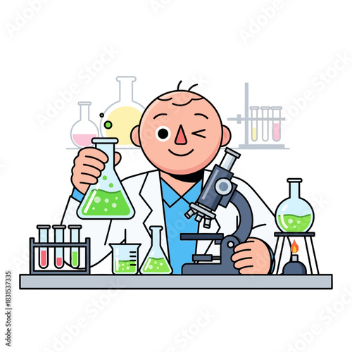 Cartoon scientist conducting experiment with microscope and flasks in a laboratory setting