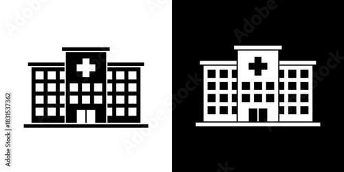Hospital and clinic building silhouette icon. Healthcare center, medical service, and emergency facility symbol