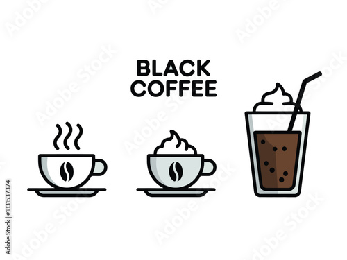 Three distinct styles of black coffee are presented in a simple graphic design.