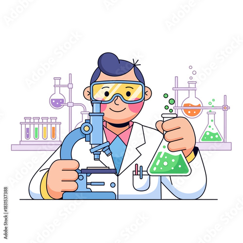 Enthusiastic scientist conducting experiment with microscope and flask in laboratory