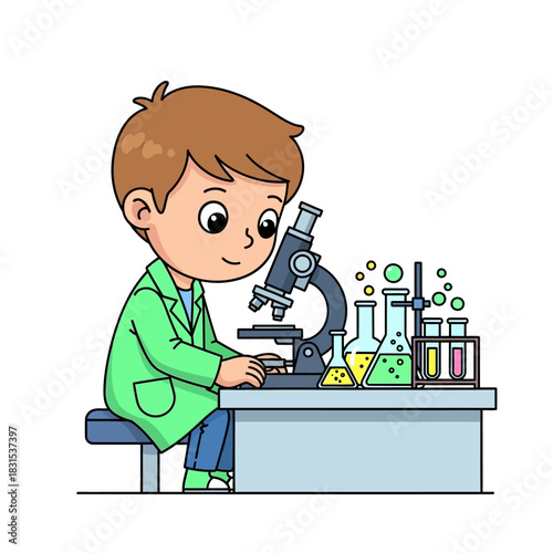 Young researcher discovering science through microscope and experiments in laboratory setting