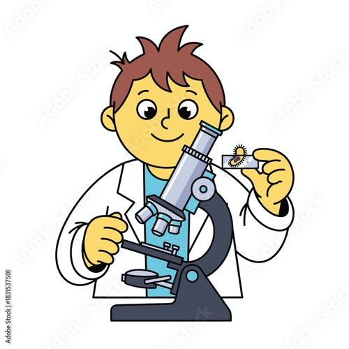 Young scientist cartoon character engaging in microscopic biological research and analysis process
