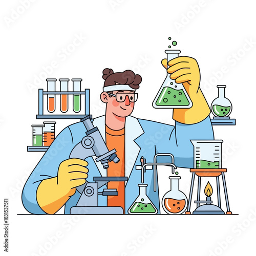 Scientist conducting research in laboratory with chemical reaction and microscope equipment for