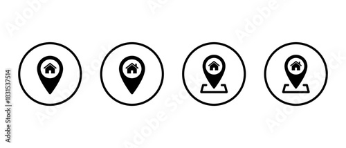 Home location pin icon set in circular outline. Real estate, house address, and property map symbol