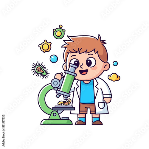 Enthusiastic young scientist discovering the microscopic world with playful microbiological