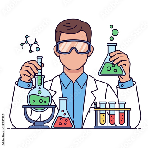 Scientist conducting experiment with green chemical solutions in a laboratory glassware