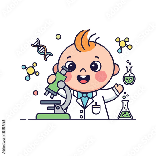 Cartoon depiction of an infant scientist exploring science in a laboratory setting in a lab coat