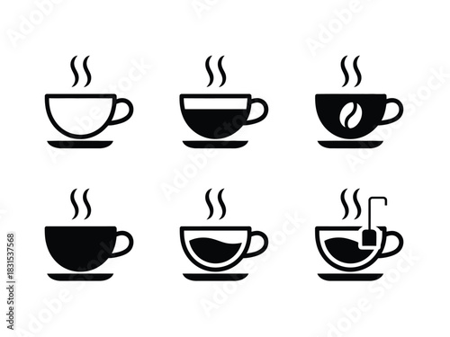 Collection of steaming hot beverage cups, including coffee and tea icons.