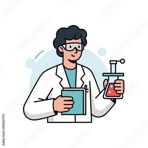 Scientist conducts experiment in a laboratory, holding flask and a notebook in hand