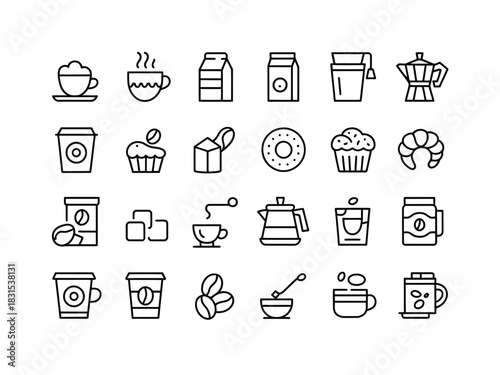 A collection of vector icons depicting coffee and tea related items.