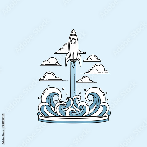Minimalist Line Art Rocket Launch from Ocean Waves with Clouds