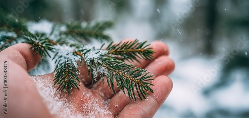 a spruce branch on the palm.