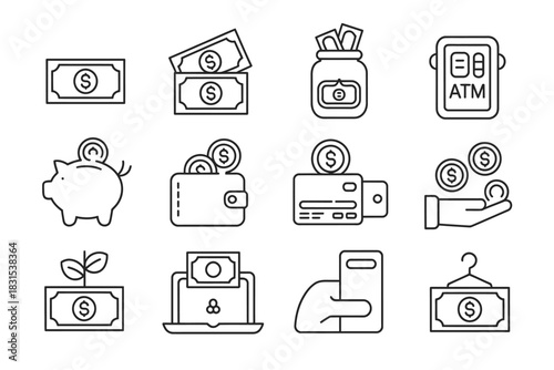 A collection of line art icons representing financial concepts and transactions.