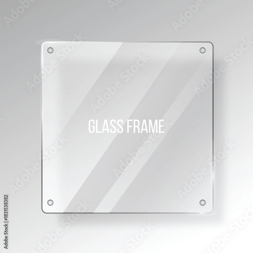 Blank transparent glass panel with rounded corners and visible screw mounts isolated on a subtle grey background
