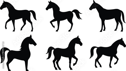 Six Horse Silhouettes Set - Black Stallion, Mare, and Foal Poses for Equestrian and Animal Design