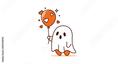 Cartoon ghost with heart balloon on white background for holiday designs