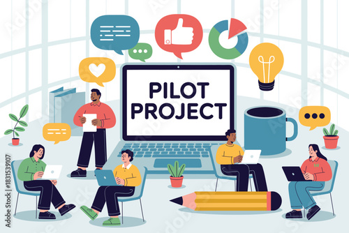 A team collaborates on a pilot project using technology and communication tools.