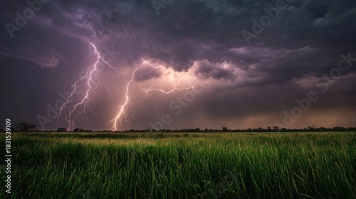Spectacular Thunderstorm over Grassy Field: A majestic display of nature's raw power unfolds as lightning bolts illuminate a sprawling grassy field, with a dramatic, stormy sky overhead.