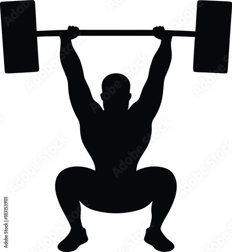 Weightlifting Squat Silhouette - Man Performing Overhead Press with Barbell for Gym and Fitness Icon