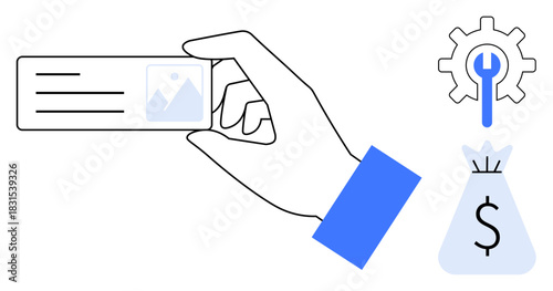 Minimal hand holding ID card with gear and wrench icon for settings and dollar bag for financial concepts. Ideal for identity, finance, technology, authentication, business, data, innovation