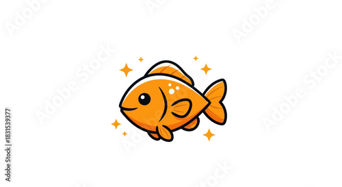 Cartoon goldfish illustration with sparkling stars around a white background