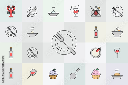 A collection of icons representing food and dining, including seafood, tableware, and desserts.