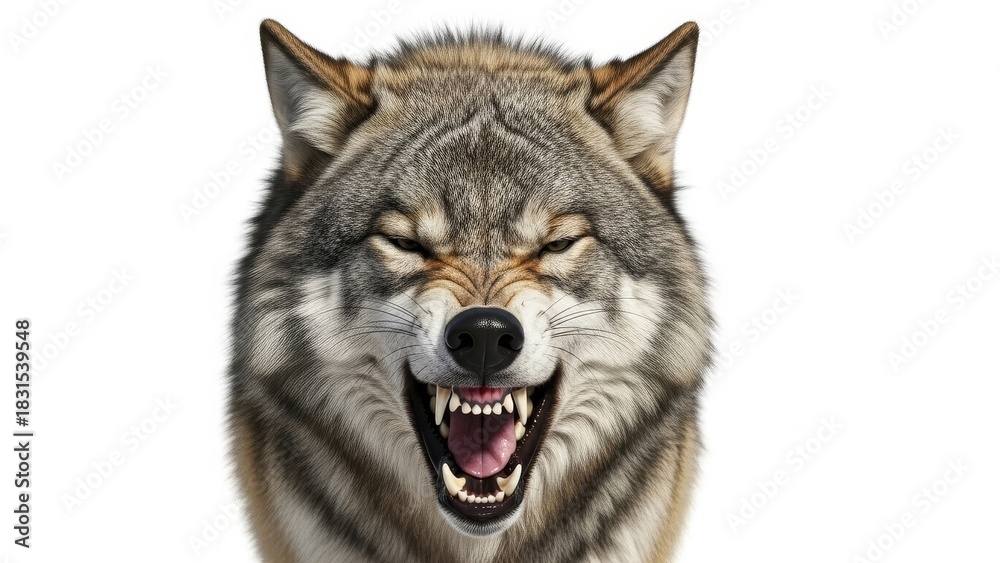 Obraz premium Close up of a wolf face with teeth bared and eyes narrowed against a white background looking angry