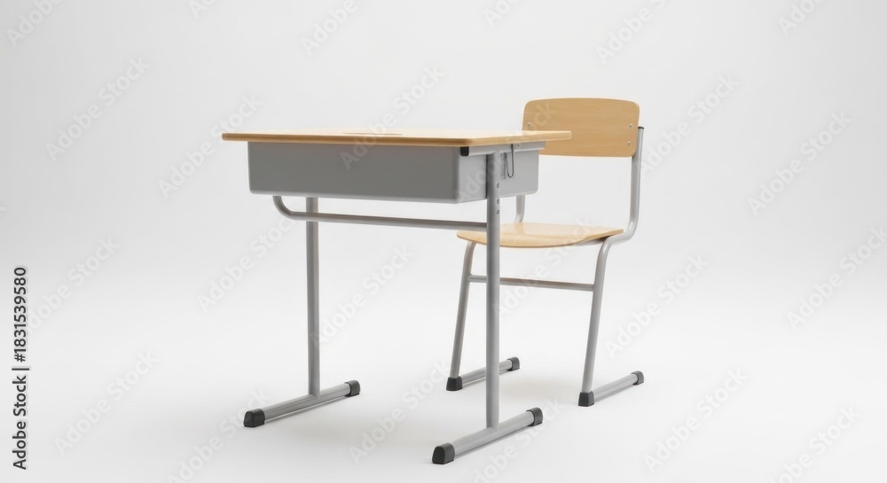 Fototapeta premium Simple school desk and chair, light beige top, gray metal frame