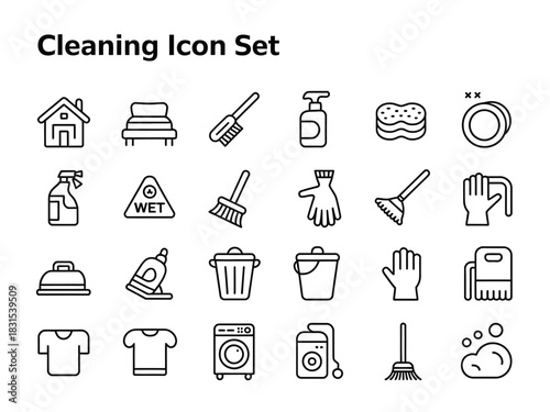 A comprehensive set of cleaning icons are displayed in a grid.