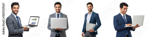 Diverse of Indian business men holding laptop isolated on white or transparent background