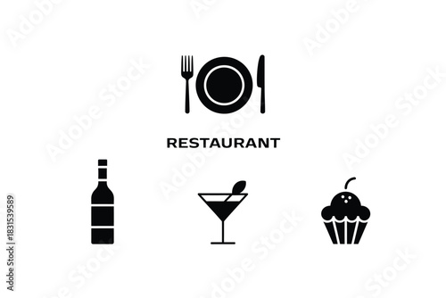 Restaurant icons representing dining, drinks, and dessert are displayed.