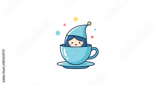 Cartoon illustration of a person inside a teacup on a white background